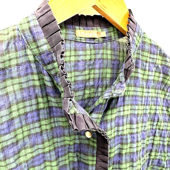 J McLaughlin Shirt Womens Medium Blue Green Plaid Ruffle Trim Crinkle Cotton - Picture 3 of 8